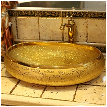 Chieti Embossed Gold Finish Oval Shaped Porcelain Bathroom Sink